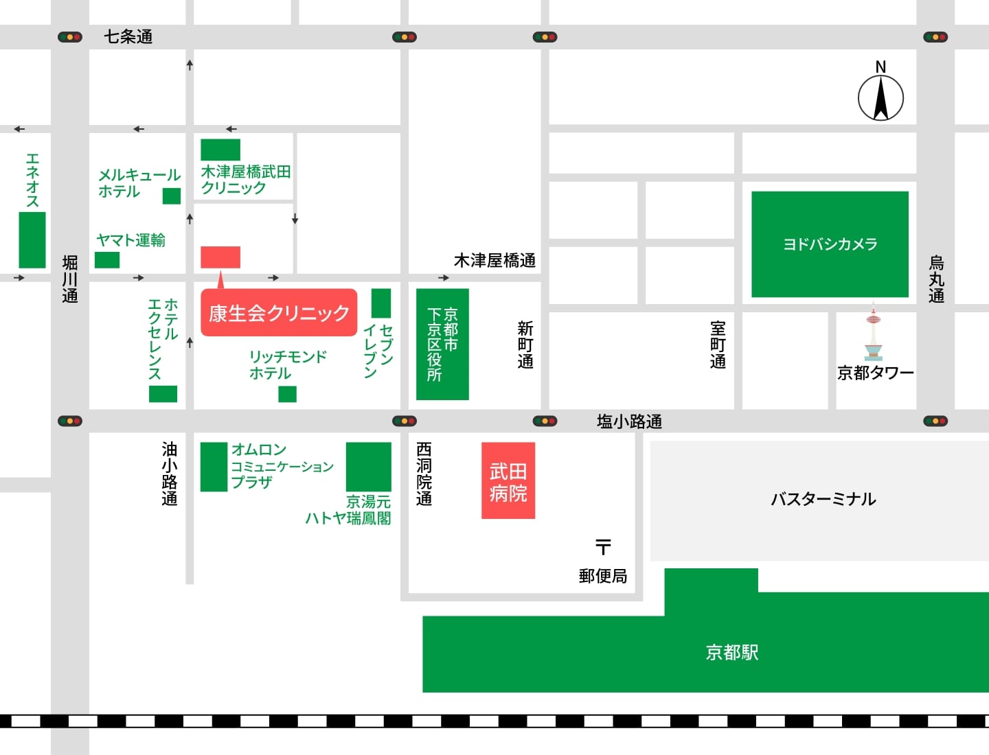 康生会クリニックと武田病院は徒歩5分の距離を示した地図