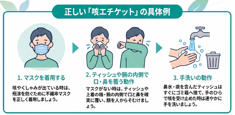 正しい「咳エチケット」の具体例